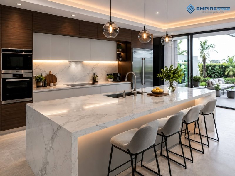 Đá ốp bàn bếp: Hạng mục, quy cách và quy trình từ đo đạc đến lắp đặt đá ốp bàn bếp