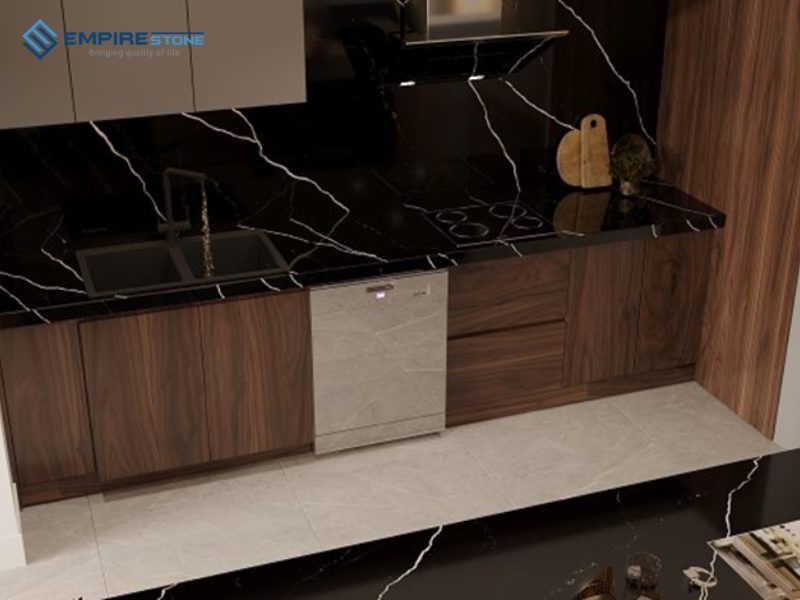 đá nhân tạo gốc thạch anh PQ120 – NERO MARQUINA 