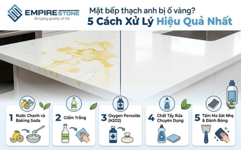 Mặt bếp đá thạch anh bị ố vàng phải làm sao? 5 cách xử lý hiệu quả
