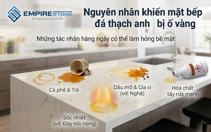 Mặt bếp đá thạch anh bị ố vàng phải làm sao? 5 cách xử lý hiệu quả Mặt bếp đá thạch anh bị ố vàng phải làm sao? 5 cách xử lý hiệu quả