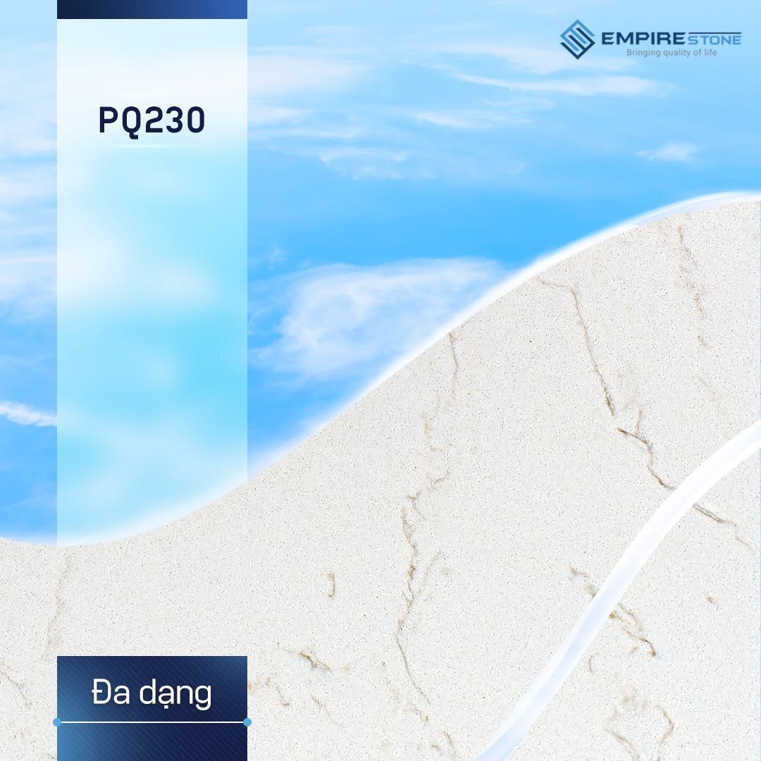 Bề mặt đá PQ230 nền kem có vân nâu nhạt trong khung trang trí nền trời xanh