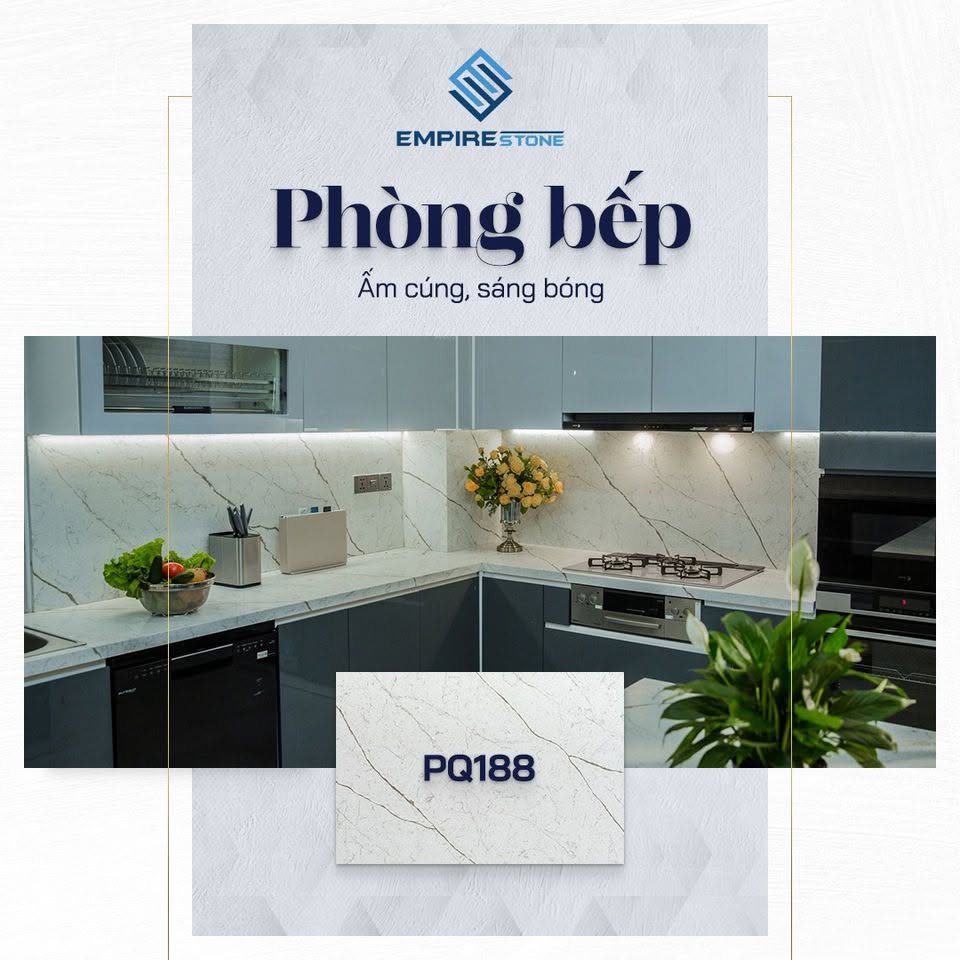 Đá nhân tạo phong cách hiện đại: Nguyên tắc chọn màu vân và cách dùng cho từng phòng Phòng bếp hiện đại chữ L ốp tường và mặt bàn đá PQ188 nền trắng vân xám