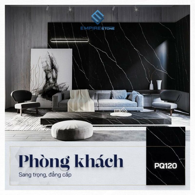Phòng khách hiện đại ốp tường đá PQ120 nền đen vân trắng phía sau sofa xám