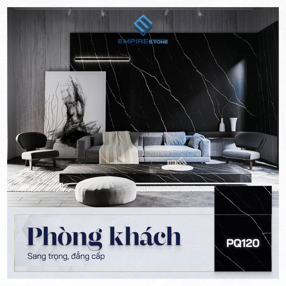 Đá nhân tạo phong cách hiện đại: Nguyên tắc chọn màu vân và cách dùng cho từng phòng Phòng khách hiện đại ốp tường đá PQ120 nền đen vân trắng phía sau sofa xám