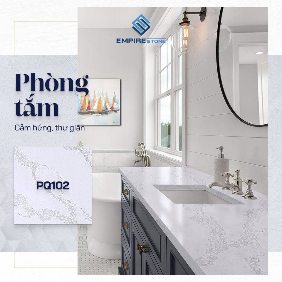 Đá nhân tạo phong cách hiện đại: Nguyên tắc chọn màu vân và cách dùng cho từng phòng Phòng tắm hiện đại mặt lavabo đá PQ102 nền trắng vân xám cạnh bồn tắm